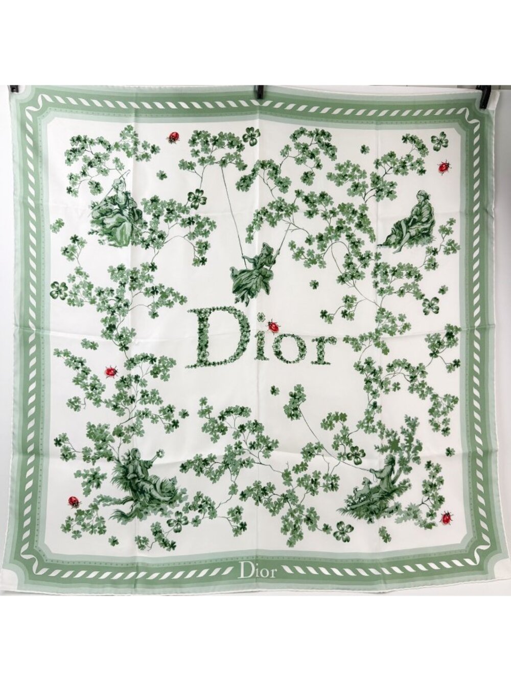 Dior Toile de Jouy Clover 90 Scarf Silk 100% Green White Vintage